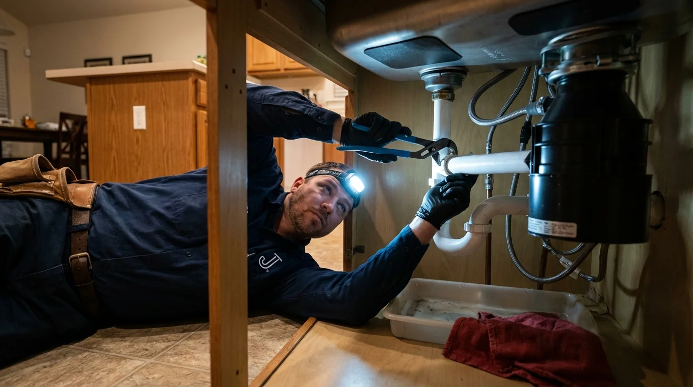P-trap and supply line connections under a kitchen sink showing a common leak point in Appleton City, MO